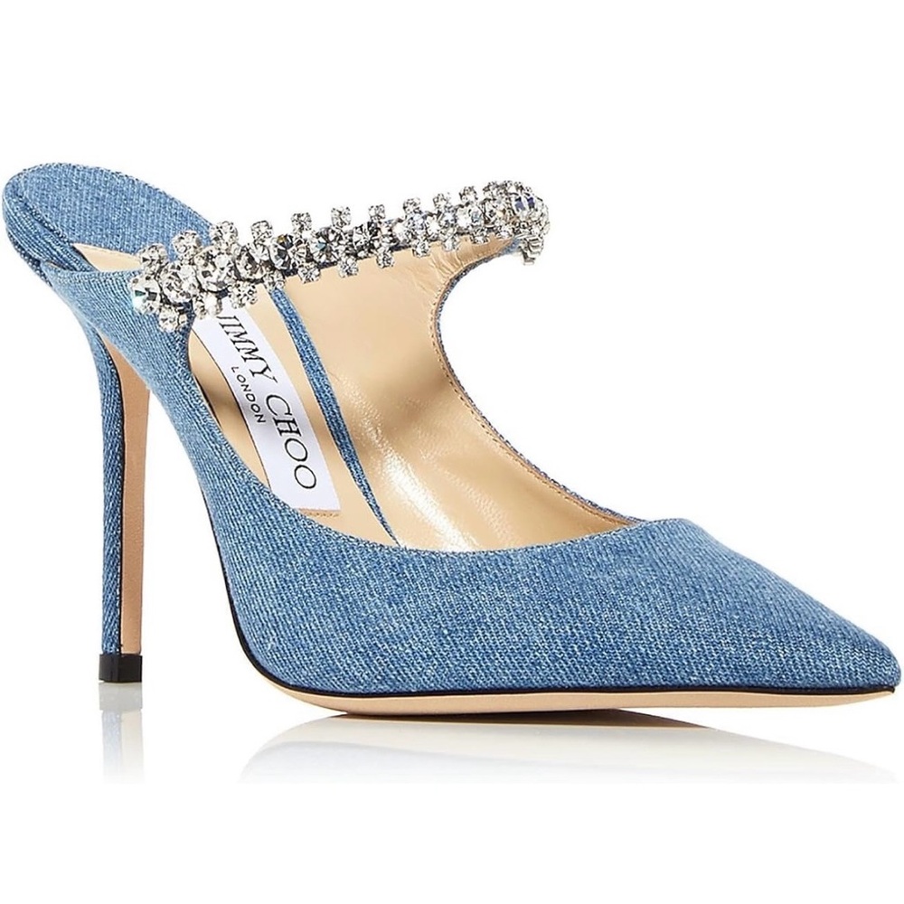 Jimmy Choo Light Blue Denim Pointed Crystal-Strap Mule
